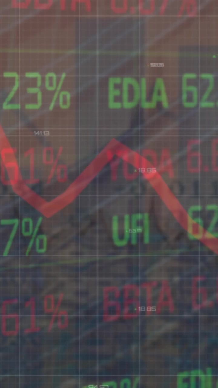 Animação de processamento de dados estatísticos e de mercado de ações com um edifício alto