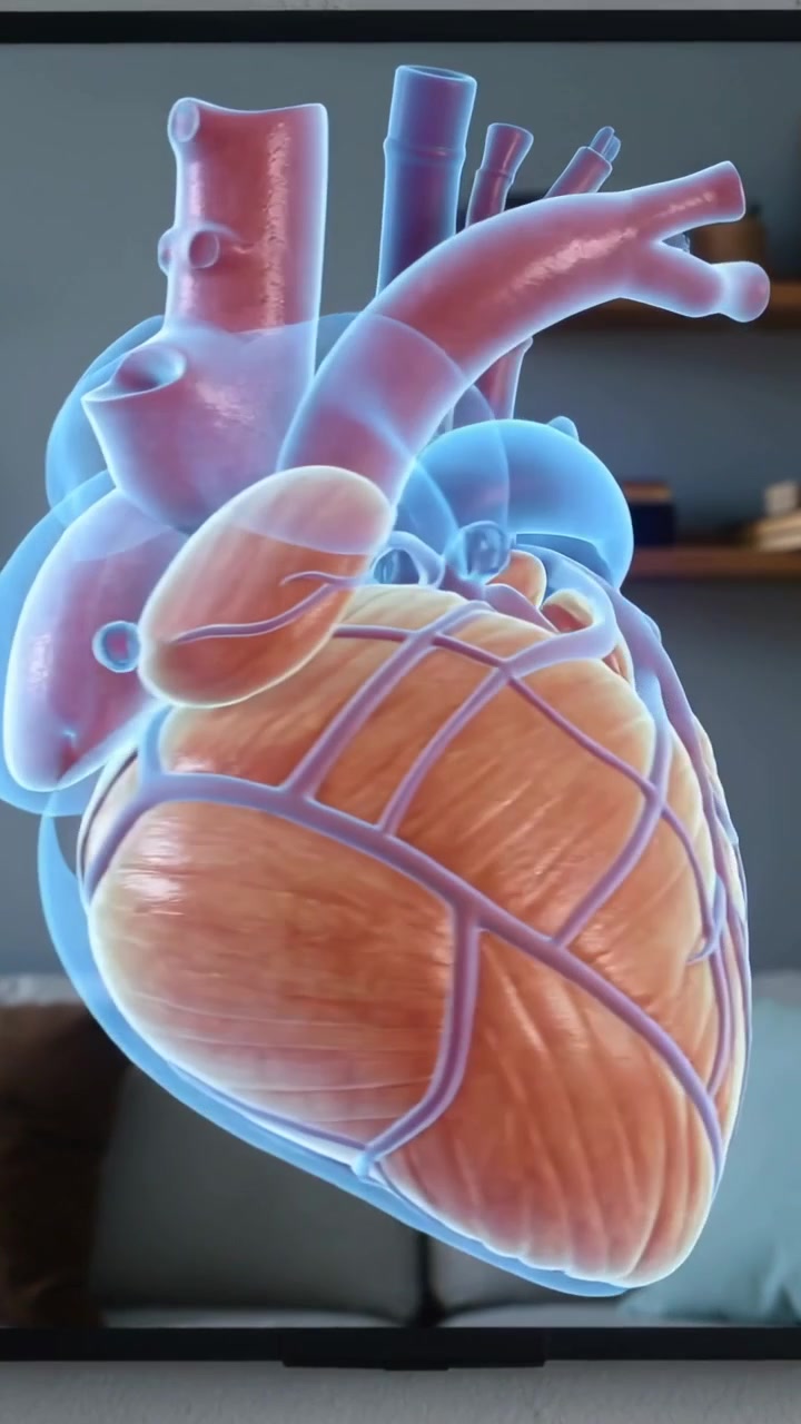Video verticale: Modello 3D trasparente di cuore che ruota in riproduzione, mostrando i vasi coronarici, a casa con un divano.