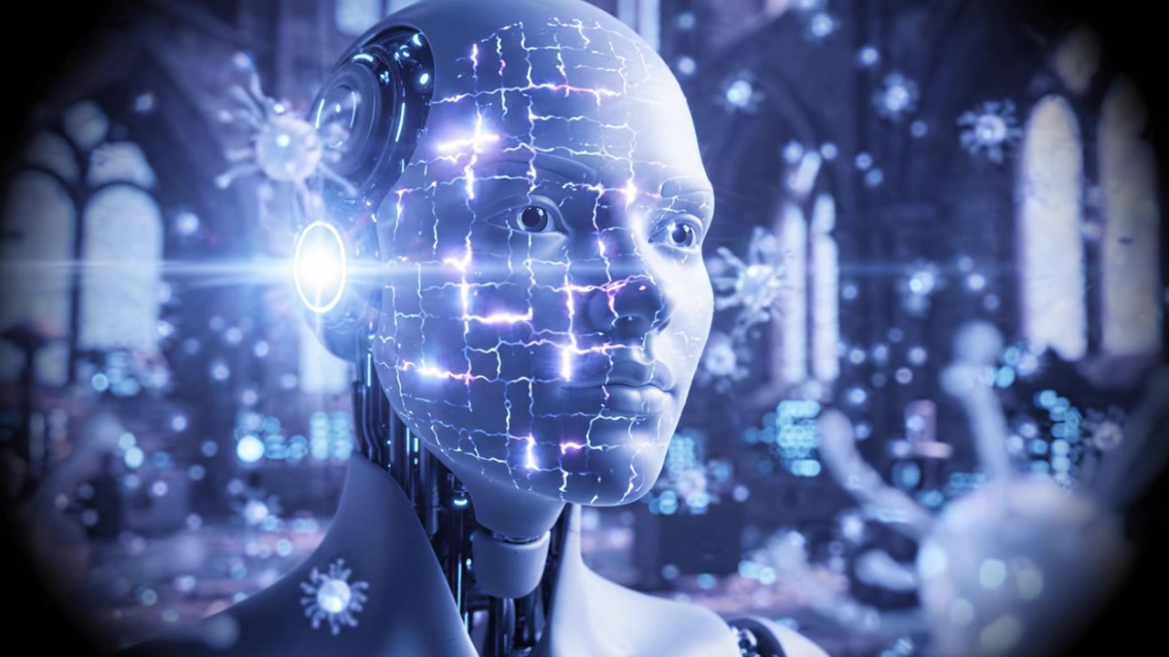 Un robot umanoide futuristico con design intricati, che mostra tecnologia avanzata e intelligenza artificiale su uno sfondo visivamente sbalorditivo e ciberneticamente migliorato