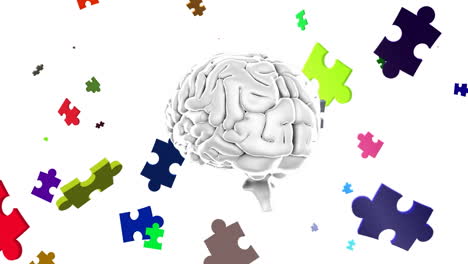 animación de rompecabezas coloridos y cerebro flotando sobre fondo blanco