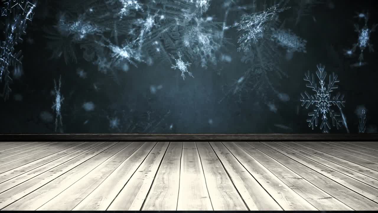 animación de copos de nieve cayendo sobre una superficie de madera y un fondo azul