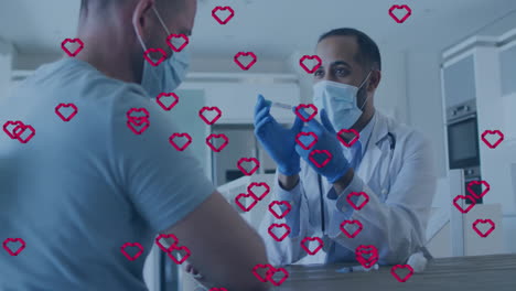 doctor pointing at vaccine vial while patient sitting in clinic, showing animated syringe icon