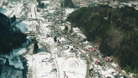 Snow-Covered-Townscape-Of-Okuhida-At-The-Mountainside-Of-Northern-Japanese-Alps-In-Gifu-Prefecture,-Japan