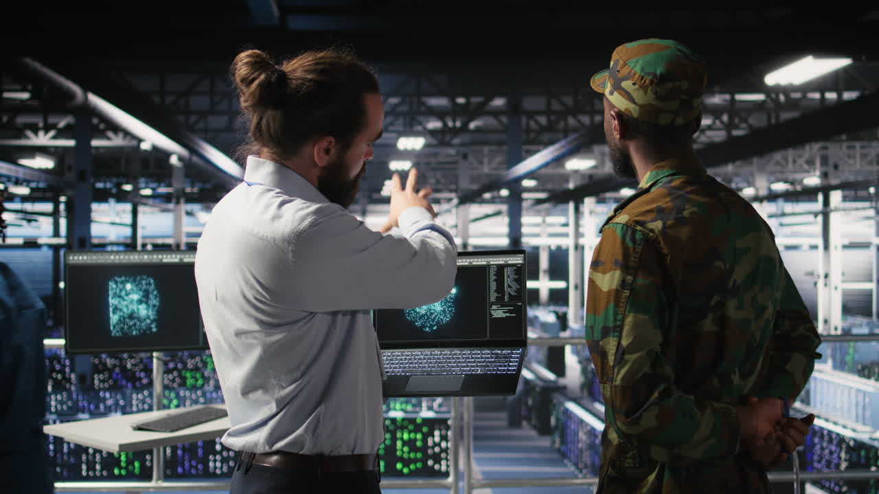 Military personnel in high tech server hub overseeing AI computing operations
