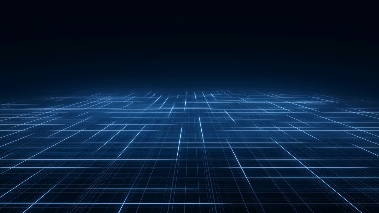 Dark Blue Digital Grid Floor Extending Toward Horizon, Crisp Intersecting Lines Form Deep Perspective Plane,