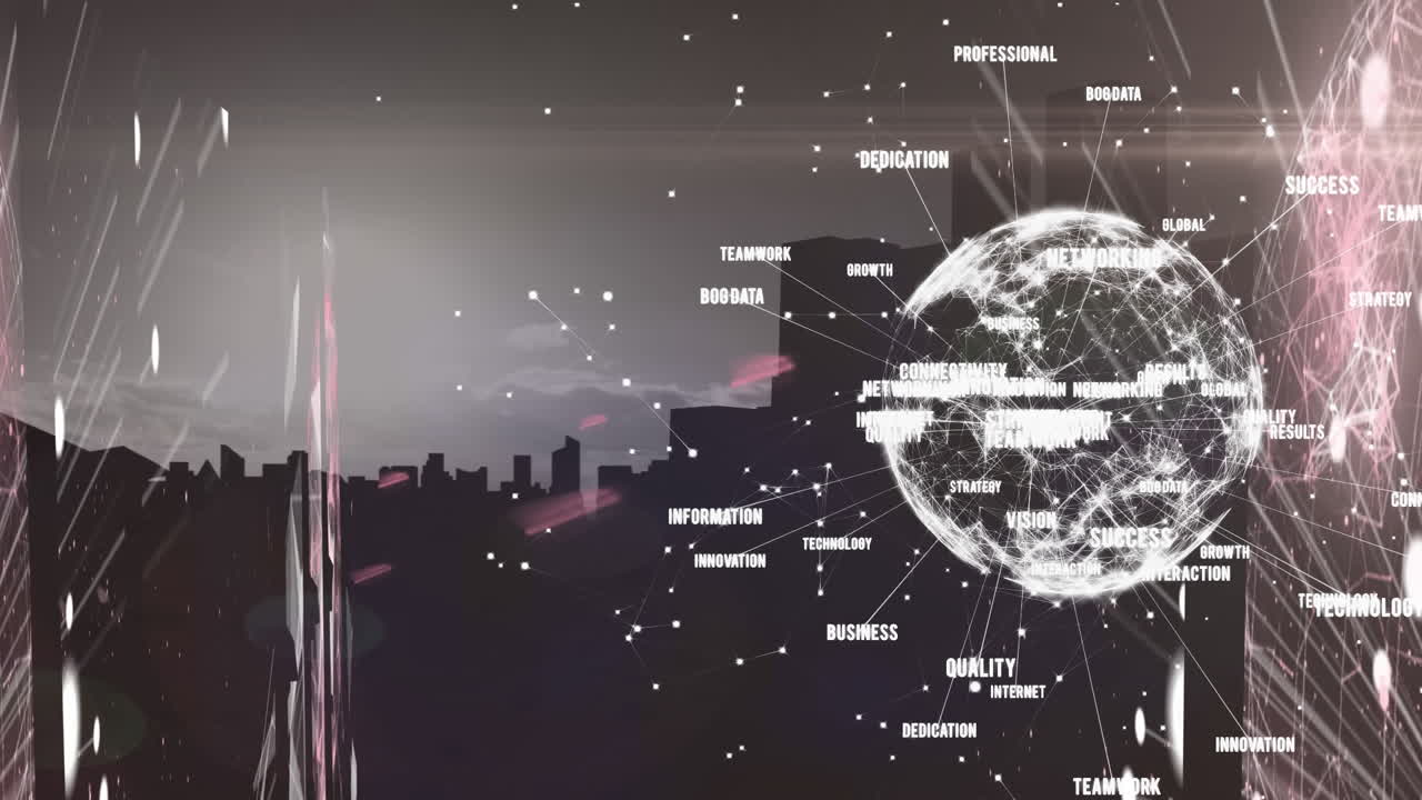 도시 풍경 위의 아이콘으로 연결된 네트워크의 애니메이션