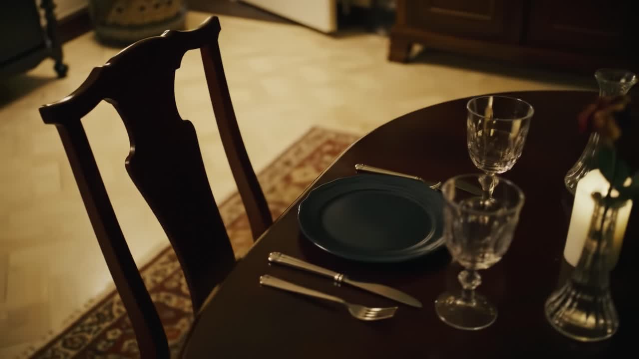 An Elegant Dinner Settable Scene Featuring a Retro Wooden Chair and Tastefully Arranged Tableware with Candlelit Ambiance and a Rose Decoration