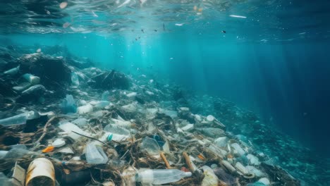 plastic bottles, bags, straws and cups polluting ocean floor in sun rays underwater showing environmental problem of plastic waste and pollution in the sea