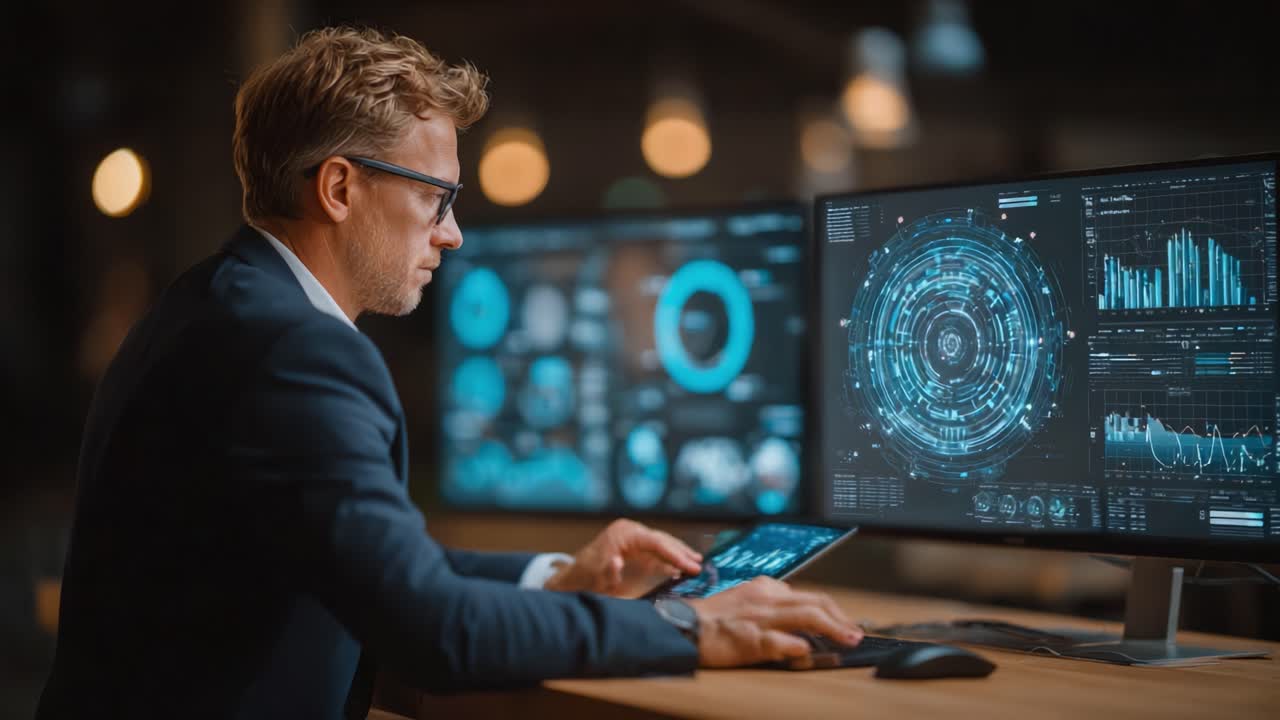 Data Analyst Engaged in Real-Time Data Visualization and Analysis at a Modern Digital Workspace with Multiple Monitors and Tablets