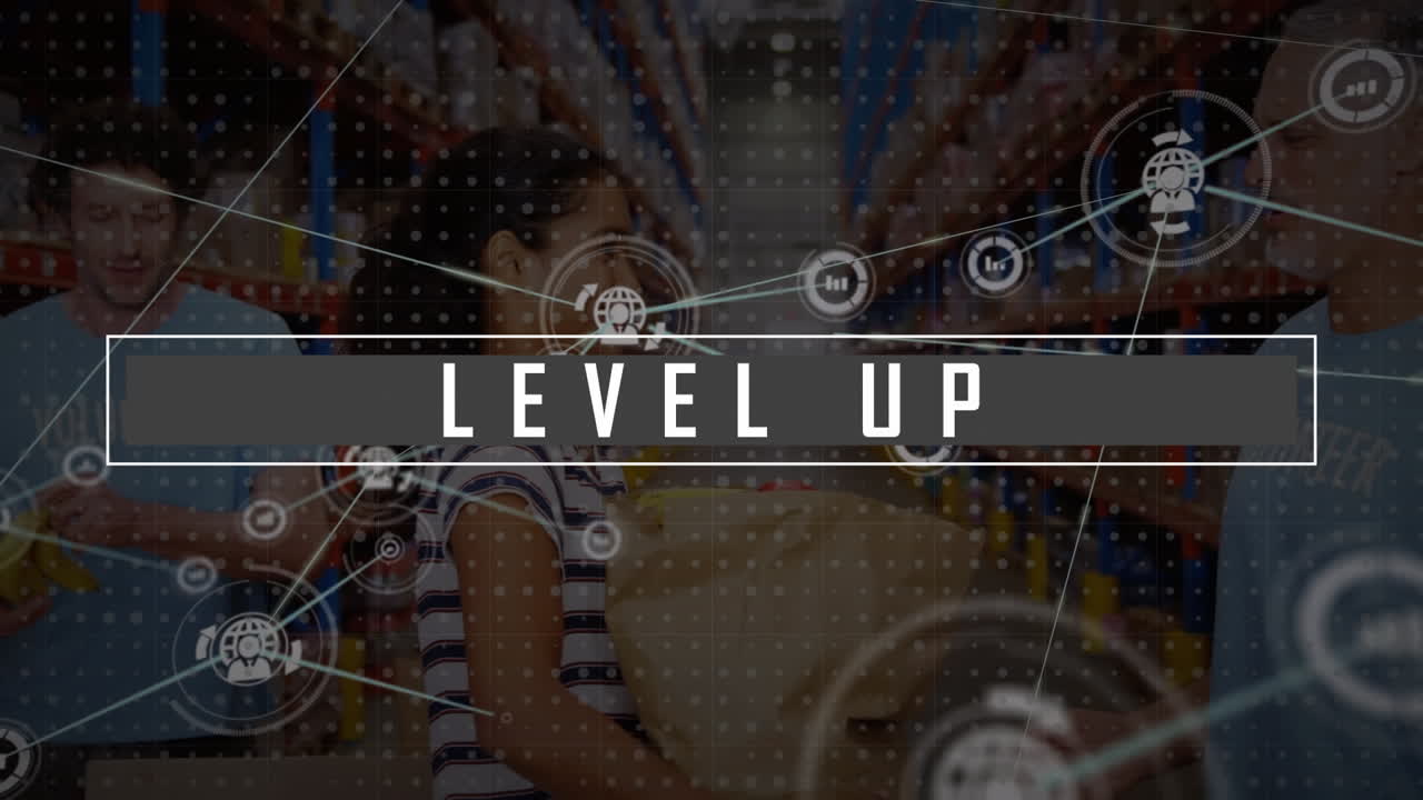 animación de la red de conexiones con iconos sobre diversas personas que trabajan en el almacén