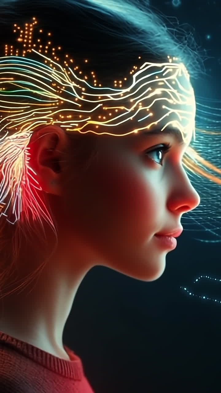 Art of mind and thought. A young girl with illuminated visualizations of thoughts radiating from her head stands against a dark background.