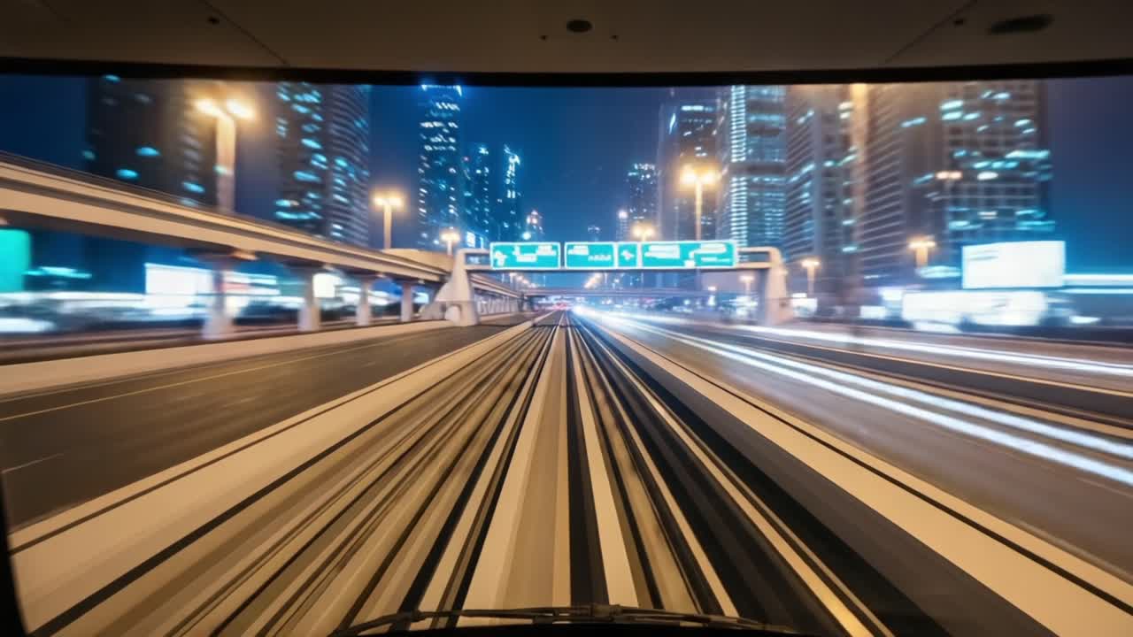 Dynamic Nightscape: Passenger View of a High-Speed Journey Through a Luminous Urban Landscape at Twilight, Showcasing Illuminated Skyscrapers and Motion Blurs of Modern City Life