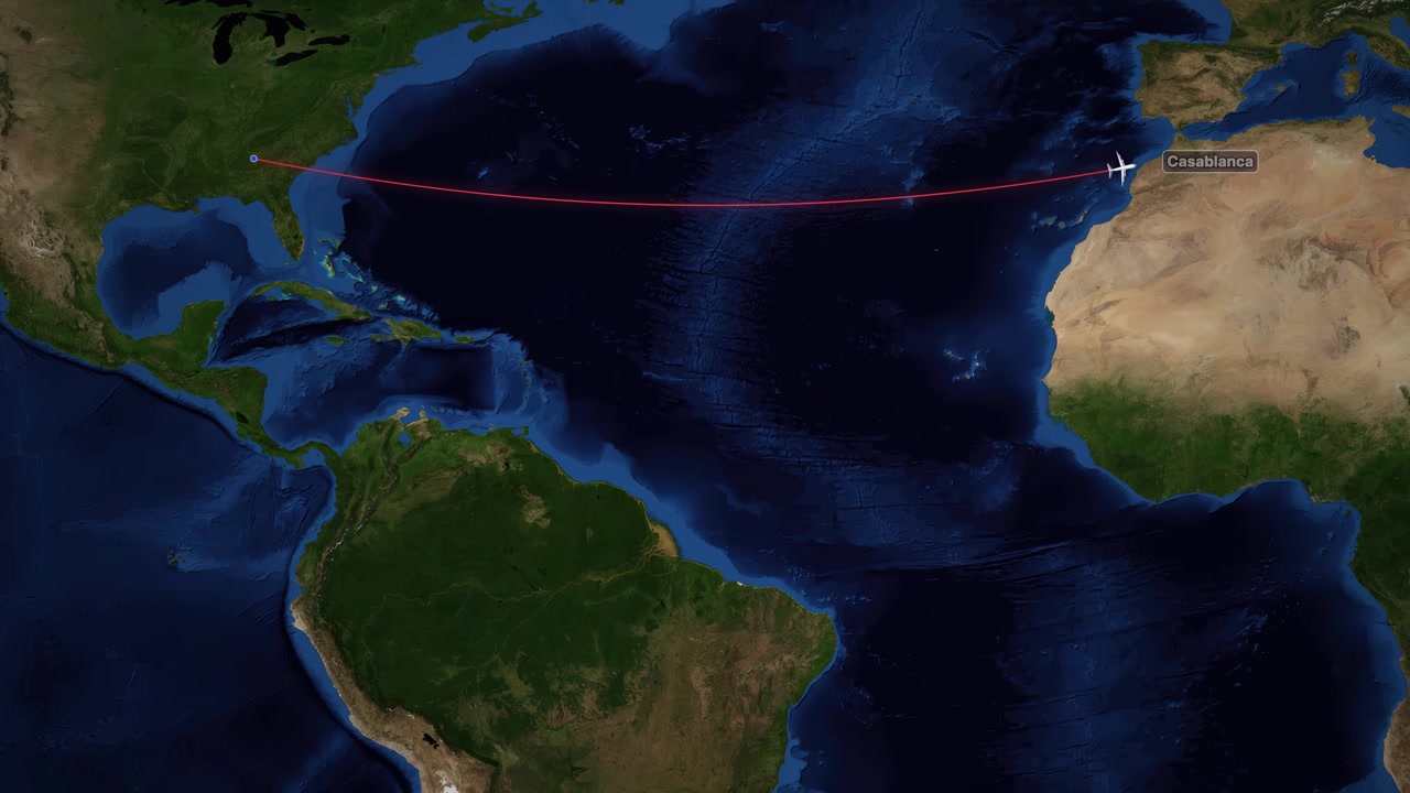 Satellite world map animation follows a plane flying from Atlanta to Casablanca across the ocean
