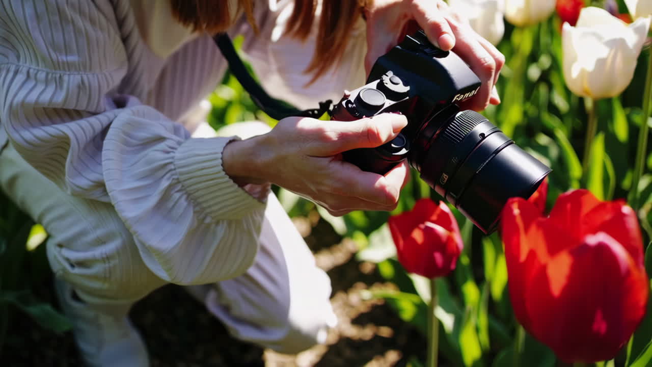 Woman taking photo of tulips