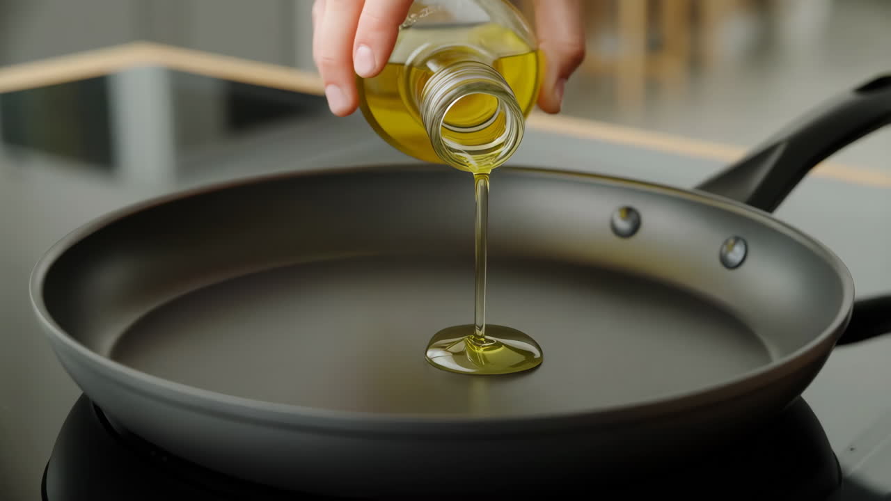 Hand Pouring Cooking Oil into a Frying Pan