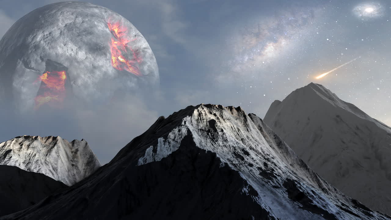 Volcanic Moon and Mountainous Landscape