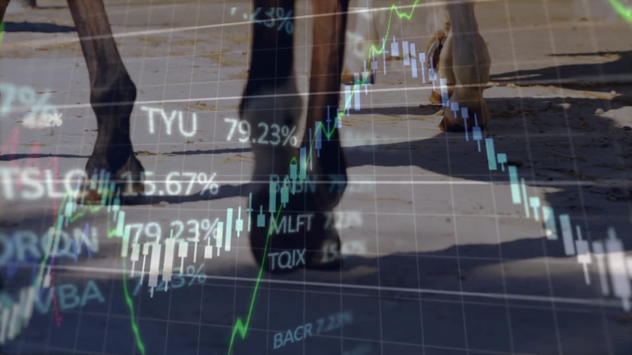 Animación de datos del mercado de valores superpuesta a personas caminando por una calle concurrida.
