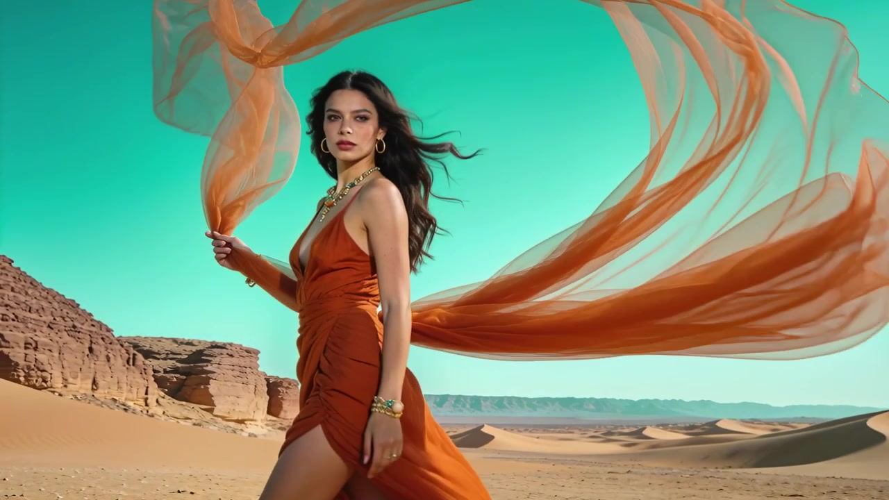 Vento che solleva una sciarpa leggera, modella che incede si gira verso la telecamera e posa in un abito arancione nel deserto