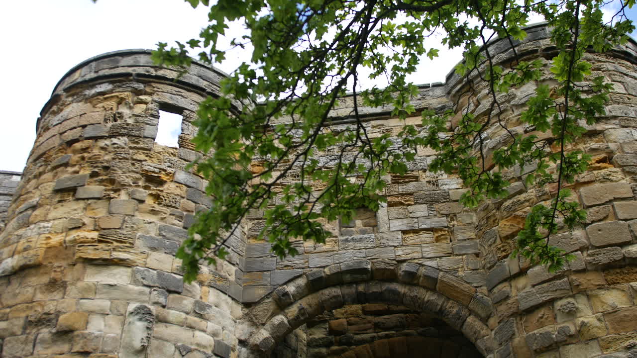 A castle gate stands under tree branches in Scarborough, North Yorkshire, England, showing weathered stonework, turrets, and medieval architectural details