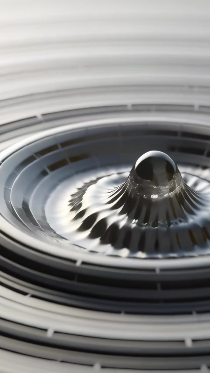 Vertical video: Falling drop on shiny grooved rings in studio forming crown jet rebounding ripples