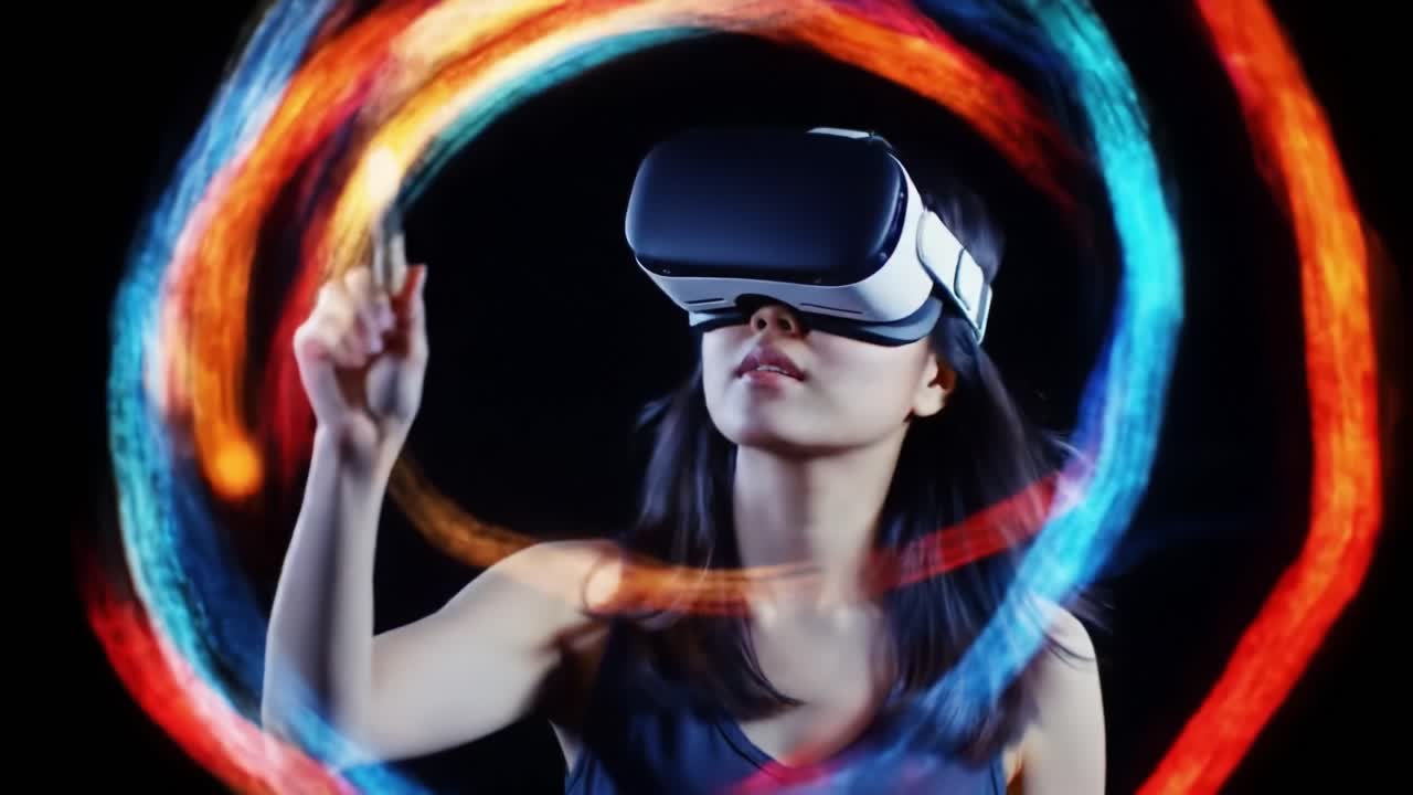 A woman immerses herself in a virtual environment, painting with vibrant colors and dynamic tools. This demonstrates the intersection of technology and artistic expression.