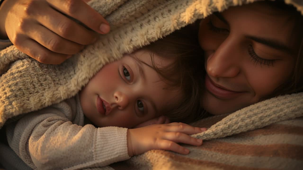 Sollevando una coperta di maglia color crema, la madre conforta e culla il neonato sul divano, rivelando la tutina e le mani.