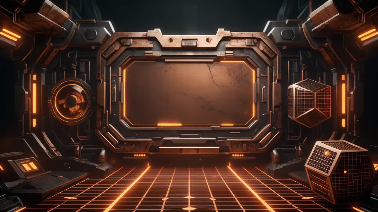 Futuristisk Sci-Fi Scene med Glødende Orange Lys og Digital Skærm
