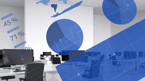 animation of computer language and reports over desktop computers on desks in office