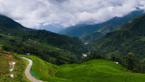 Vivid-green-rice-terraces-contouring-the-hilly-valleys-creating-a-surreal-landscape,-Sapa,-north-Vietnam