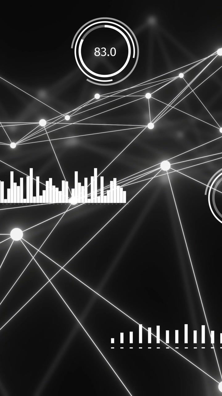Animation of network of connections with glowing nodes over black background