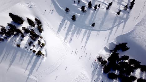 aerial view of people skiing and snowboarding on hill, ski resort