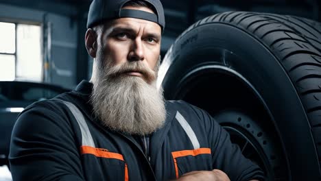 a man with a long beard standing in front of a tire