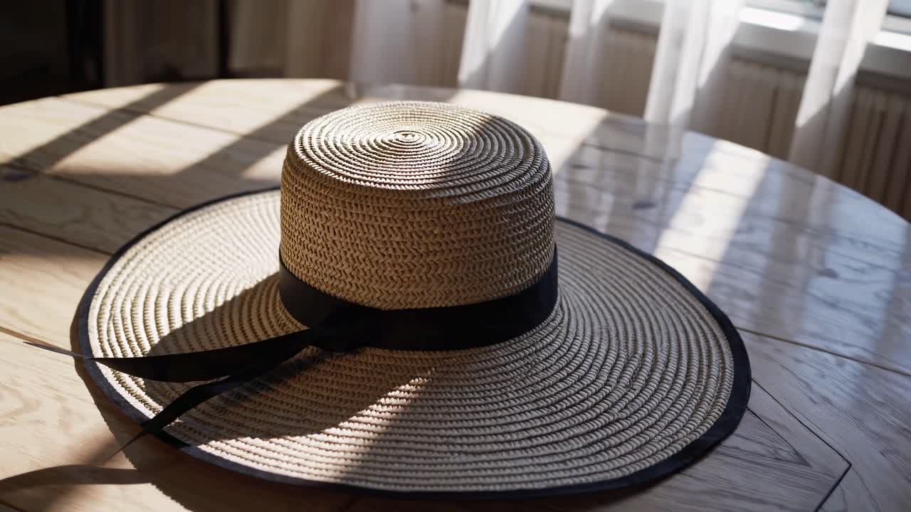 Cappello di paglia con nastro nero su tavolo di legno alla luce del sole