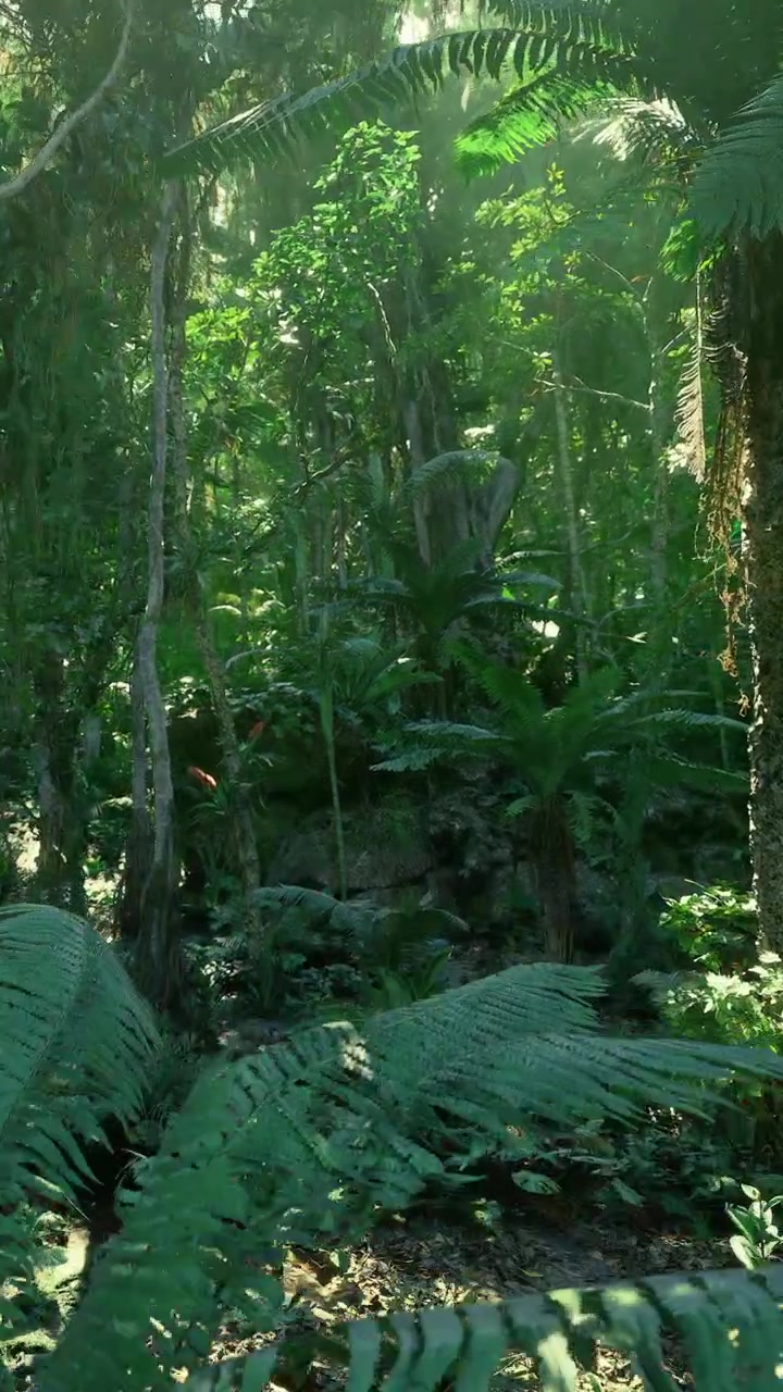Giungla verde lussureggiante con felci e alberi alti sotto il sole splendente di giorno