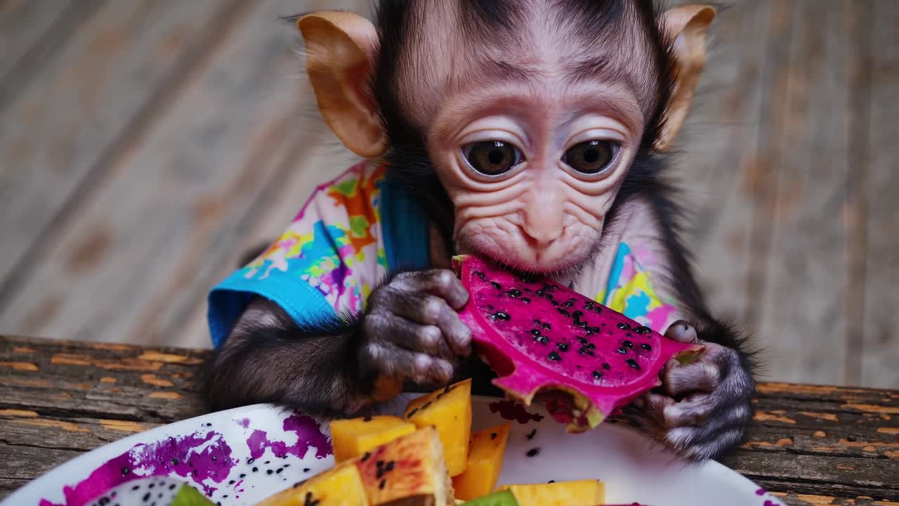 Baby Monkey Eating Dragon Fruit