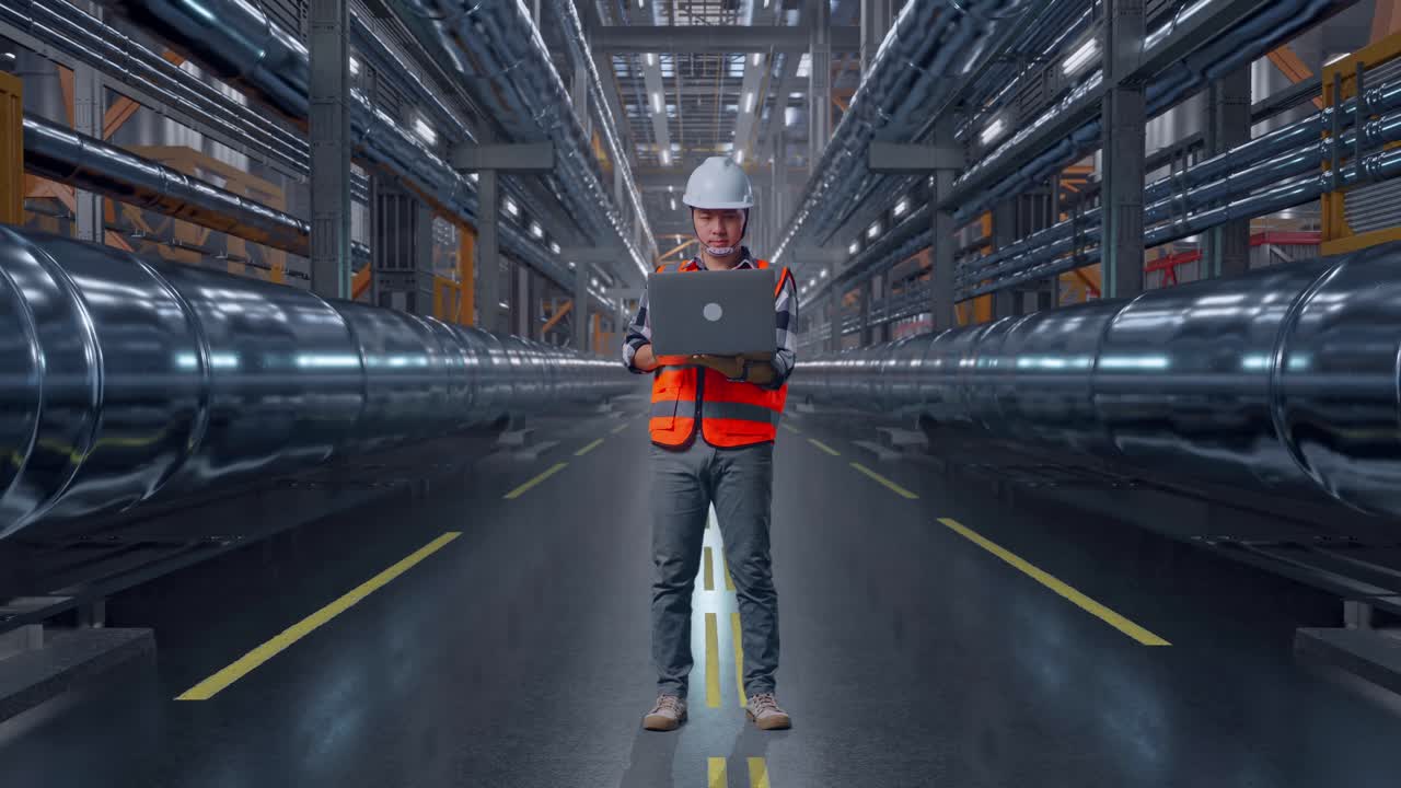 Engineer Working on Laptop in Industrial Facility