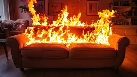 a couch that is on fire in a living room