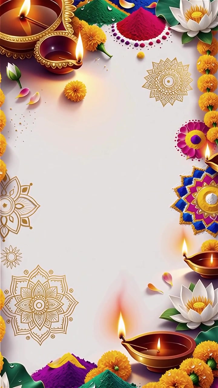 Sfondo Diwali con Diyas luminosi, Rangoli e fiori di loto