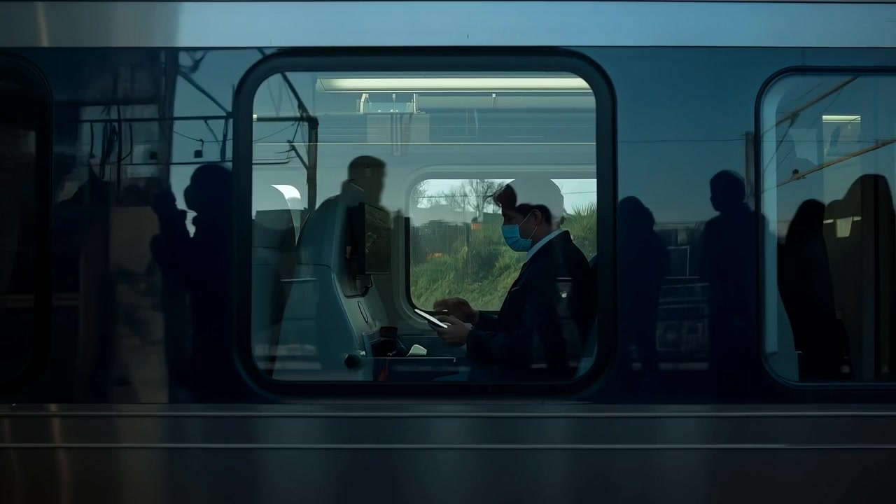 Sitting commuter suit surgical mask typing device during commute on train at station, window glow