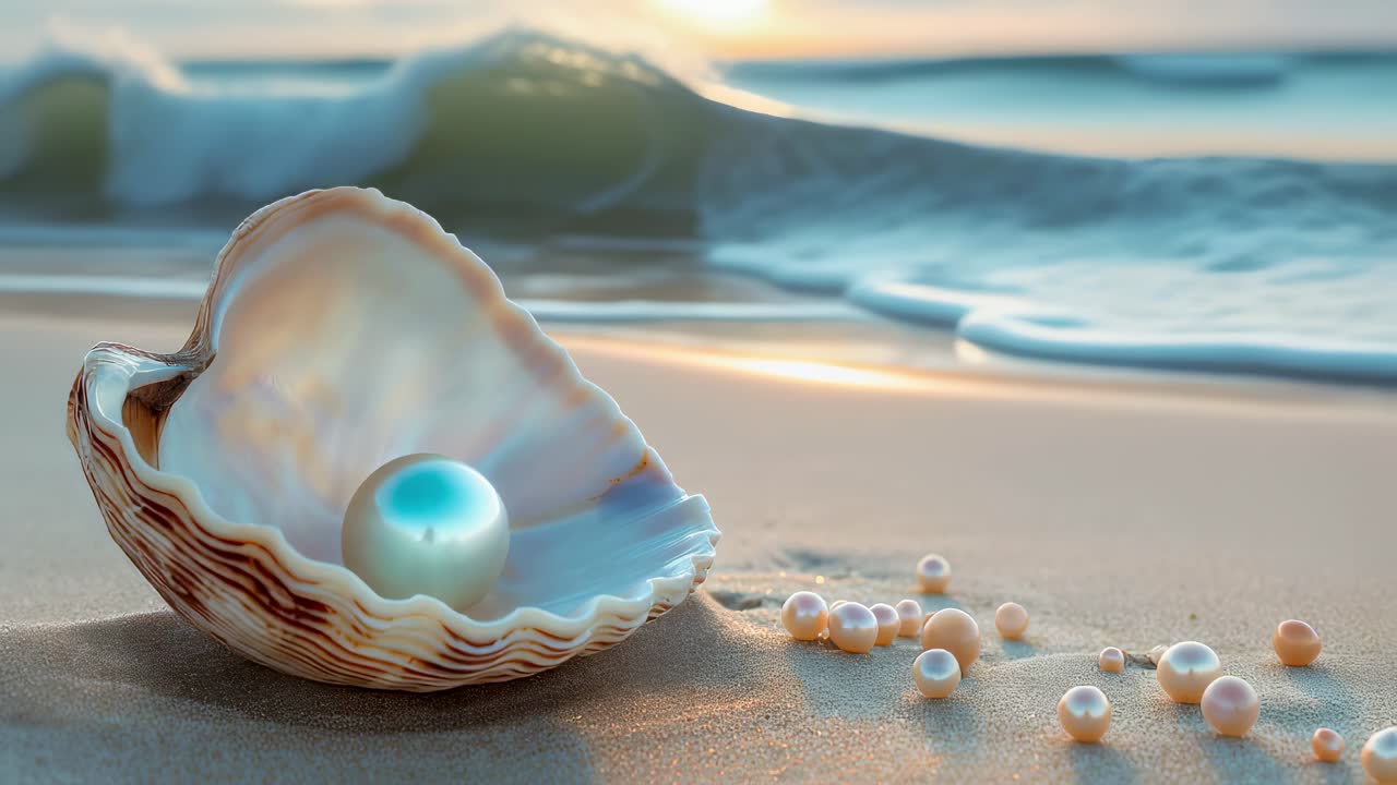Beautiful Pearl in a Seashell on a Beach at Sunrise
