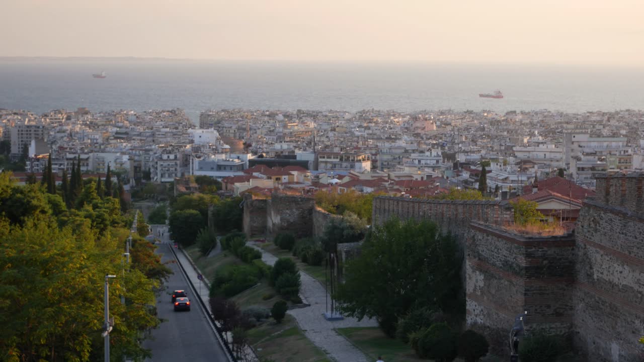 Panning over the Old ramparts of Thessaloniki during sunset, Greece