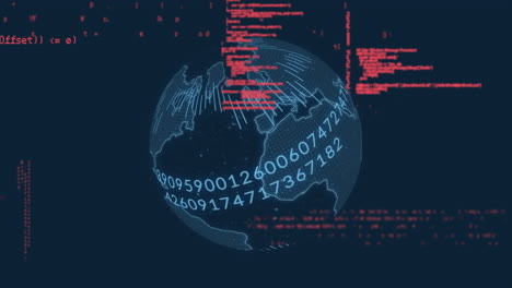 microprocessor connections over spinning globe and data processing on blue background