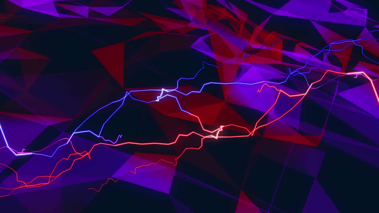 Animace červených a modrých elektrických proudů nad vznášejícími se červenými a fialovými geometrickými tvary na černém pozadí