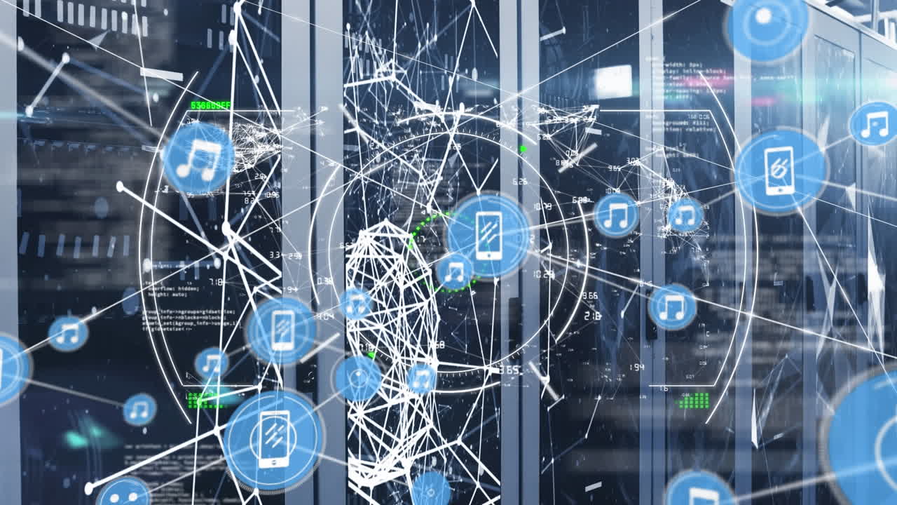 Animation of networks of connections and data processing over computer servers