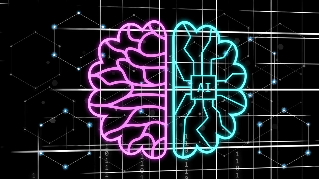 Magenta stroke starting neon brain, left filling grooves while cyan right wiring toward lighting AI