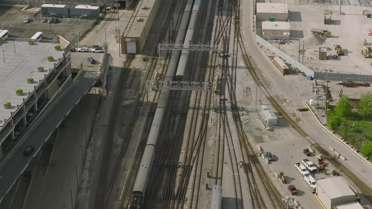 View of railway tracks and nearby buildings in Chicago from above