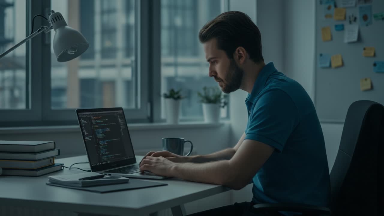 Focused Programmer Working on Laptop in Modern Workspace with Natural Light and Minimalist Decor, Highlighting the Essence of Remote Coding and Productivity