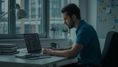 focused programmer working on laptop in modern workspace with natural light and minimalist decor, highlighting the essence of remote coding and productivity
