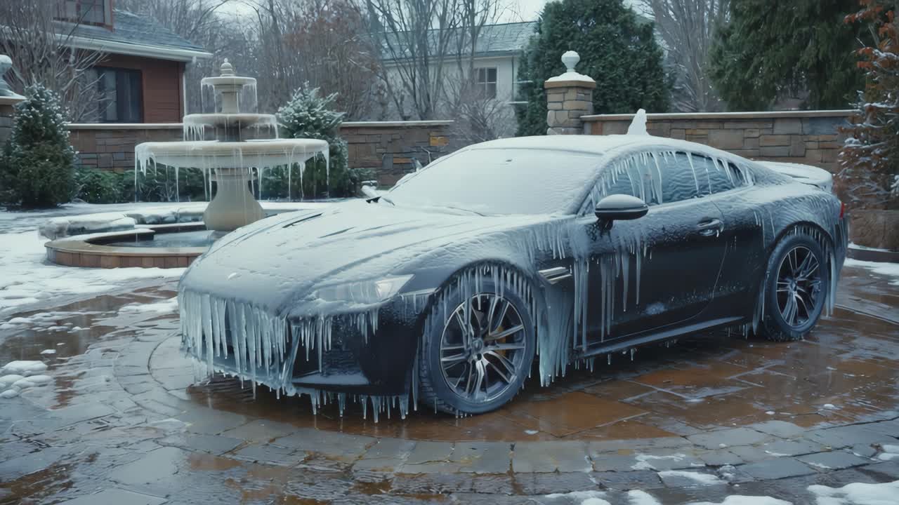 Car covered in icicles after freezing weather