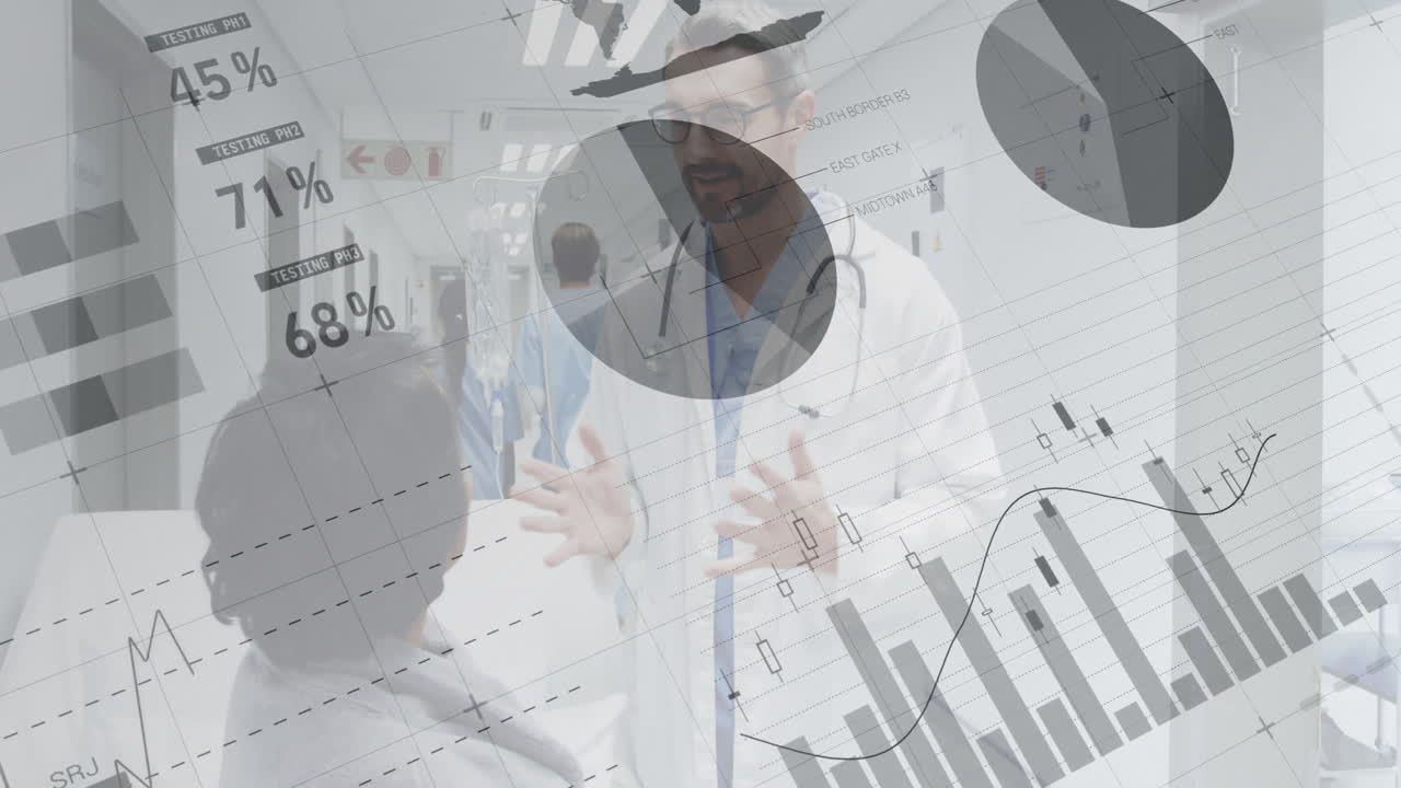 Animation of statistics and data processing over diverse male doctor and female patient